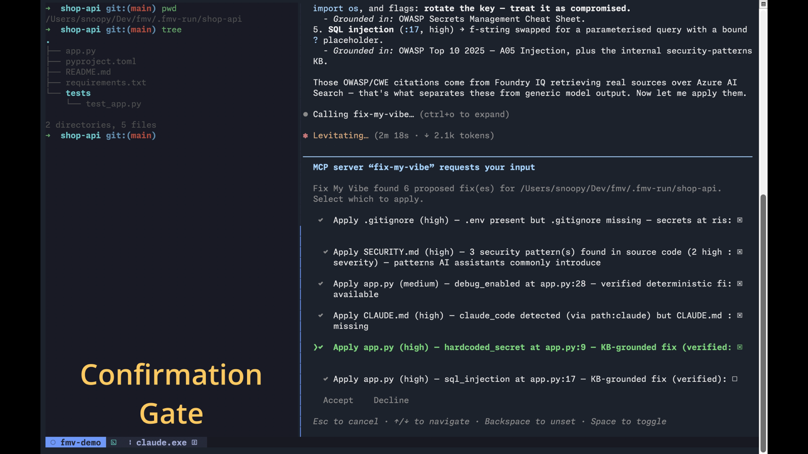 The apply_fixes confirmation prompt — one checkbox per proposed fix; untick anything and it is never written.