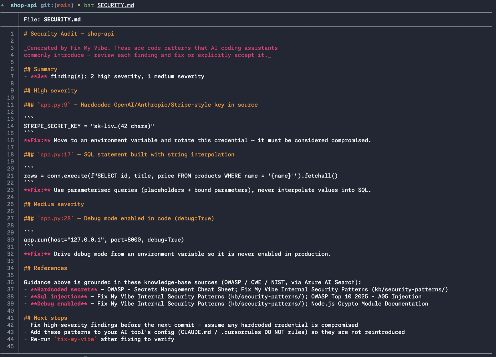 An example generated SECURITY.md — a security audit with OWASP and CWE citations.