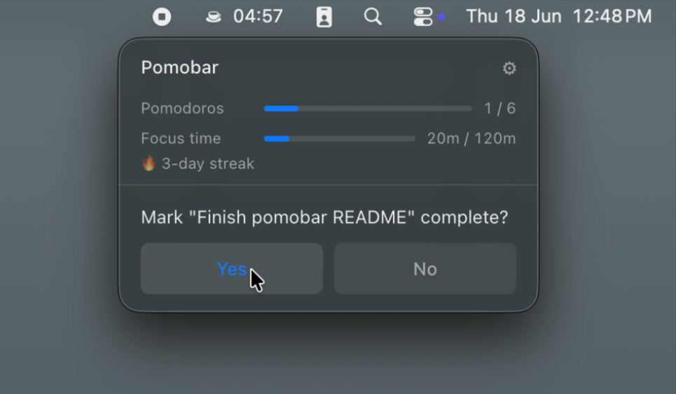 pomobar prompting to mark the task complete when a focus session ends.