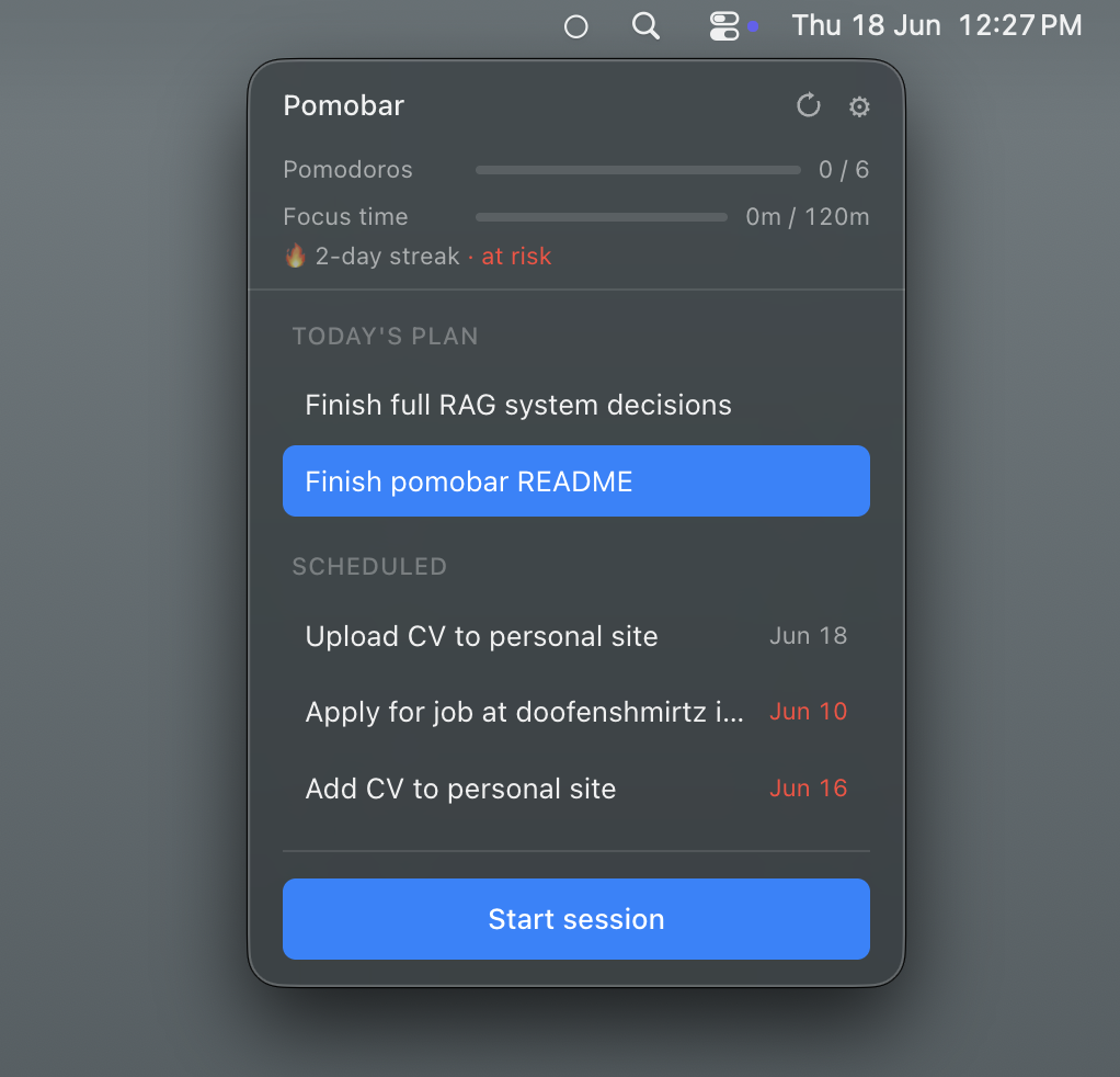 pomobar task picker showing today’s plan and scheduled tasks pulled from Notion.
