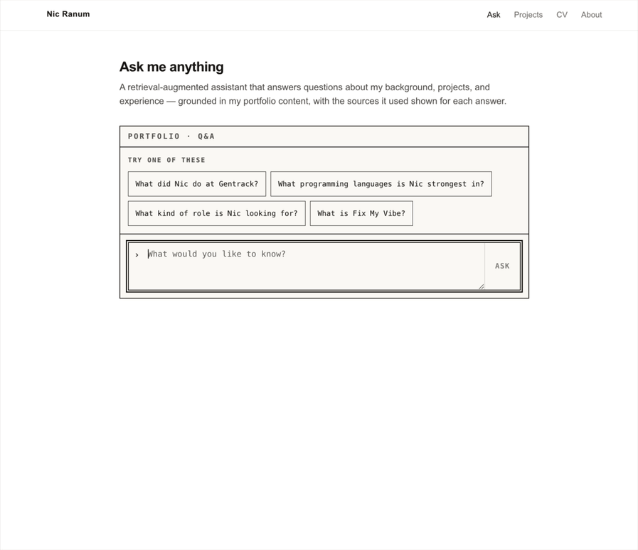A full ask-me-anything cycle — type a question, watch the answer stream in token by token, source cards appear, then an off-topic question is politely declined by the relevance gate.