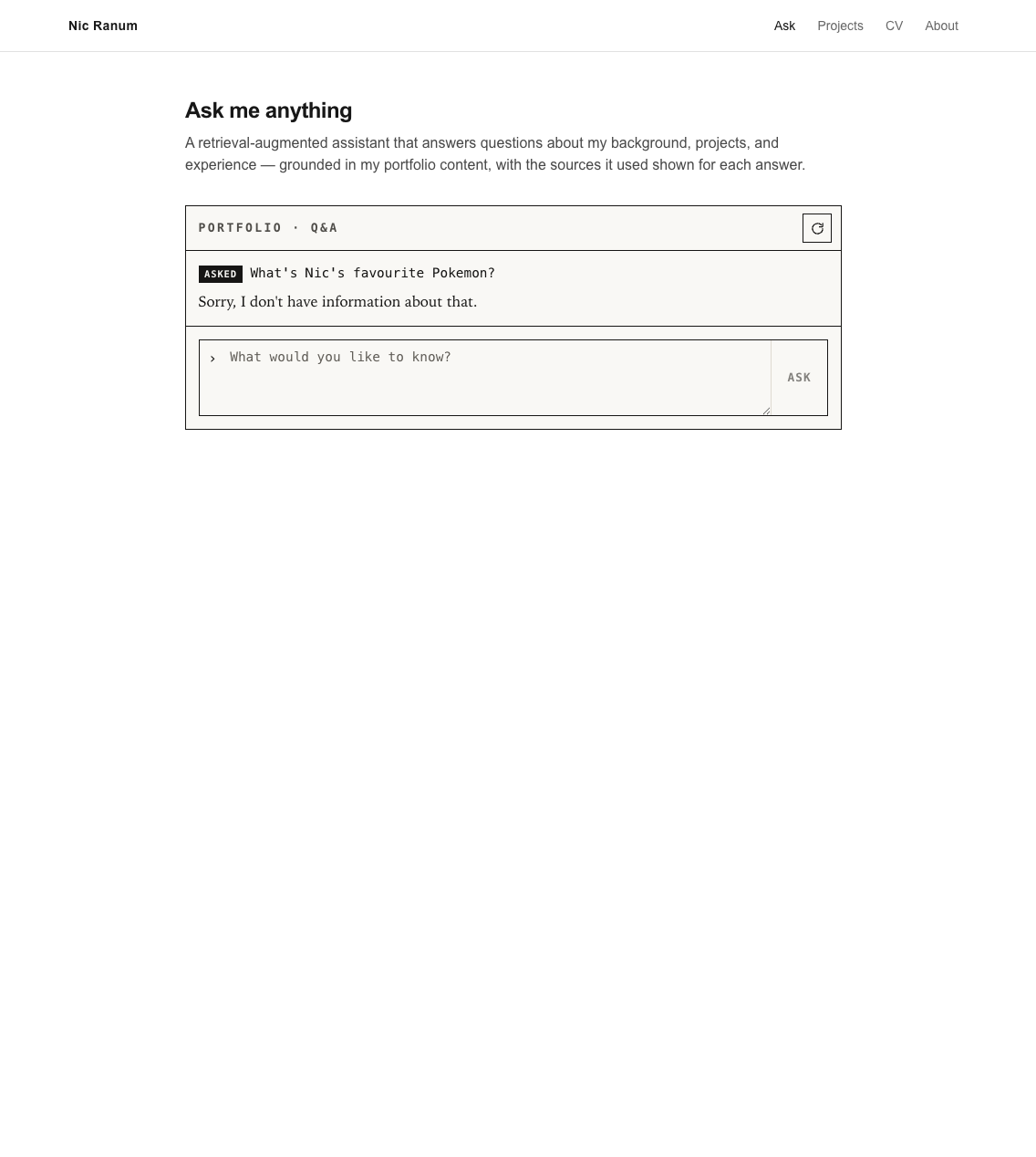 An off-topic question answered with a polite decline and no source cards, showing the relevance gate at work.