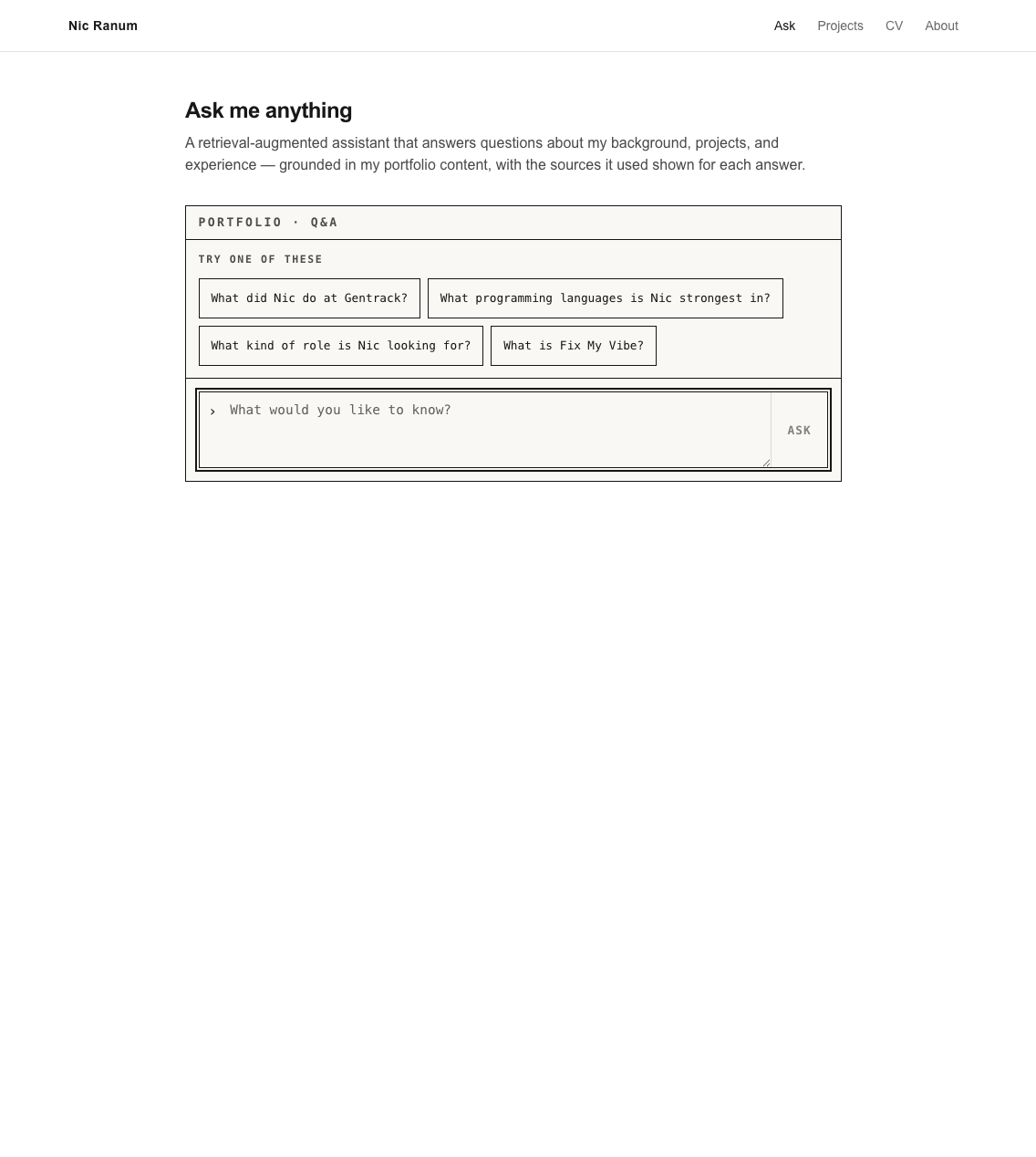 The idle Ask Me Anything widget with an empty question box and suggested-question chips.