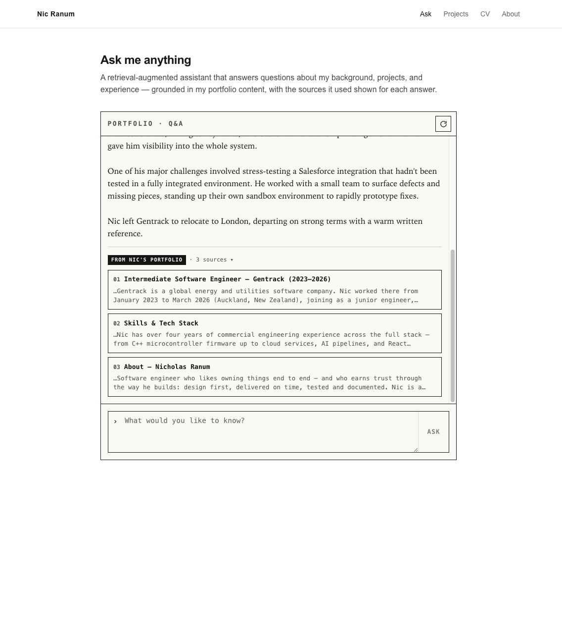 Source cards below a completed answer, grouped by portfolio page with a preview snippet and a read-more link.