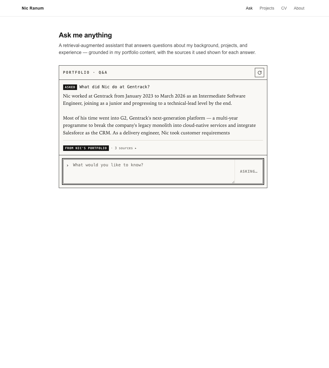 The widget rendering an answer as it streams in token by token from the FastAPI backend over SSE.
